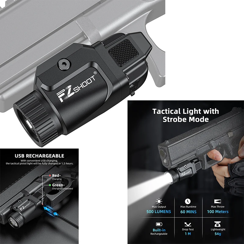EZshoot 500 Lumens Pistol Light Rechargeable Compact Mini LED Flashlight with Strobe Mode For Handgun Picatinny and GL Rails