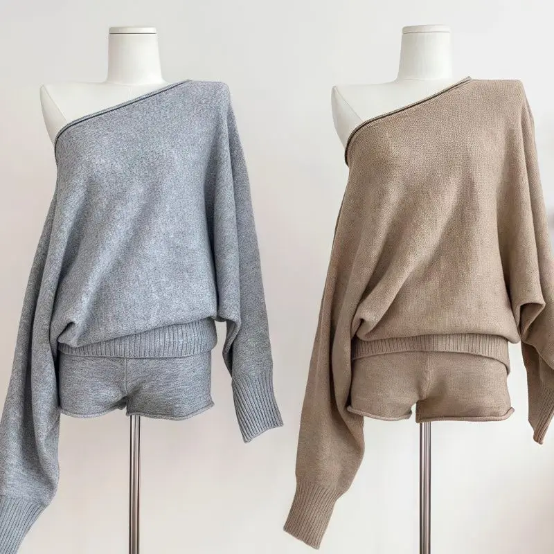 Autumn Winter Women's Wear Knitwear Coats Tops Shorts Suits Off-the-shoulder Loose-fitting Batwing Sleeves High-waisted Trends