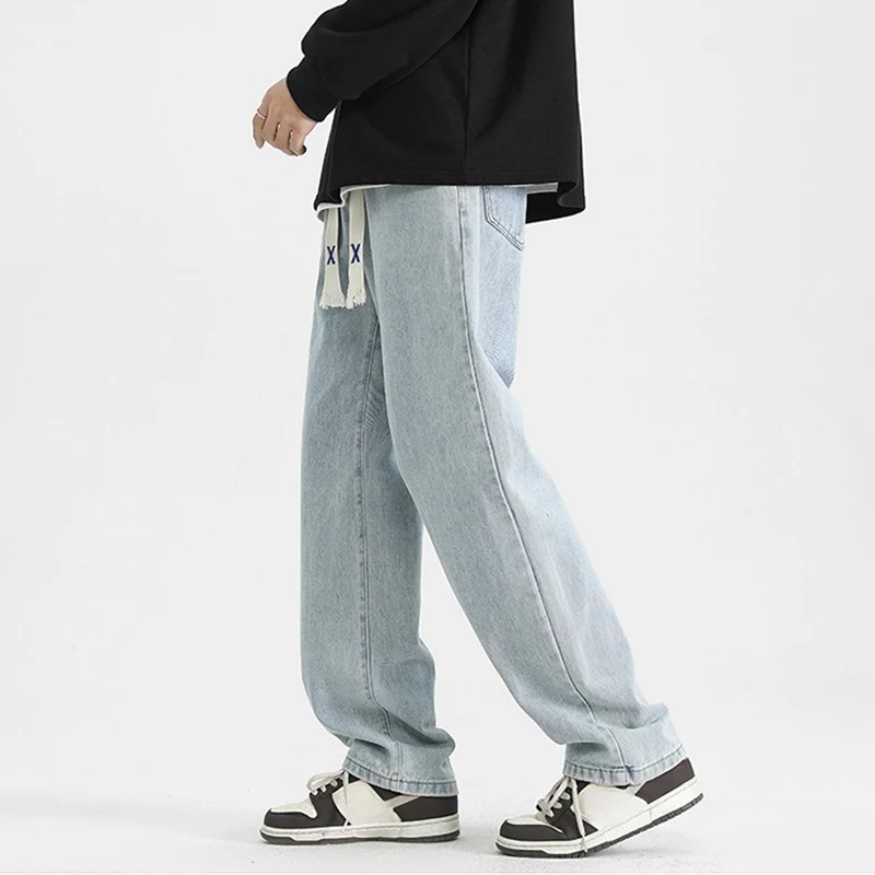 Men's Solid Color Versatile Blue Jeans Korean Street Straight Denim Pants Man Basic Elastic Waist Drawstring Wide Leg Jeans Male