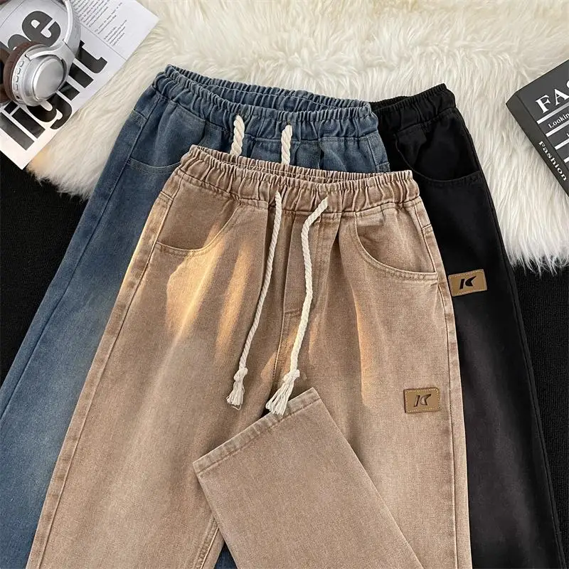

American Sle Dstring Elastic Waist Jeans Men's Women's Retro Trendy Loose Straight High Street Wide Leg Label Casual Lon...