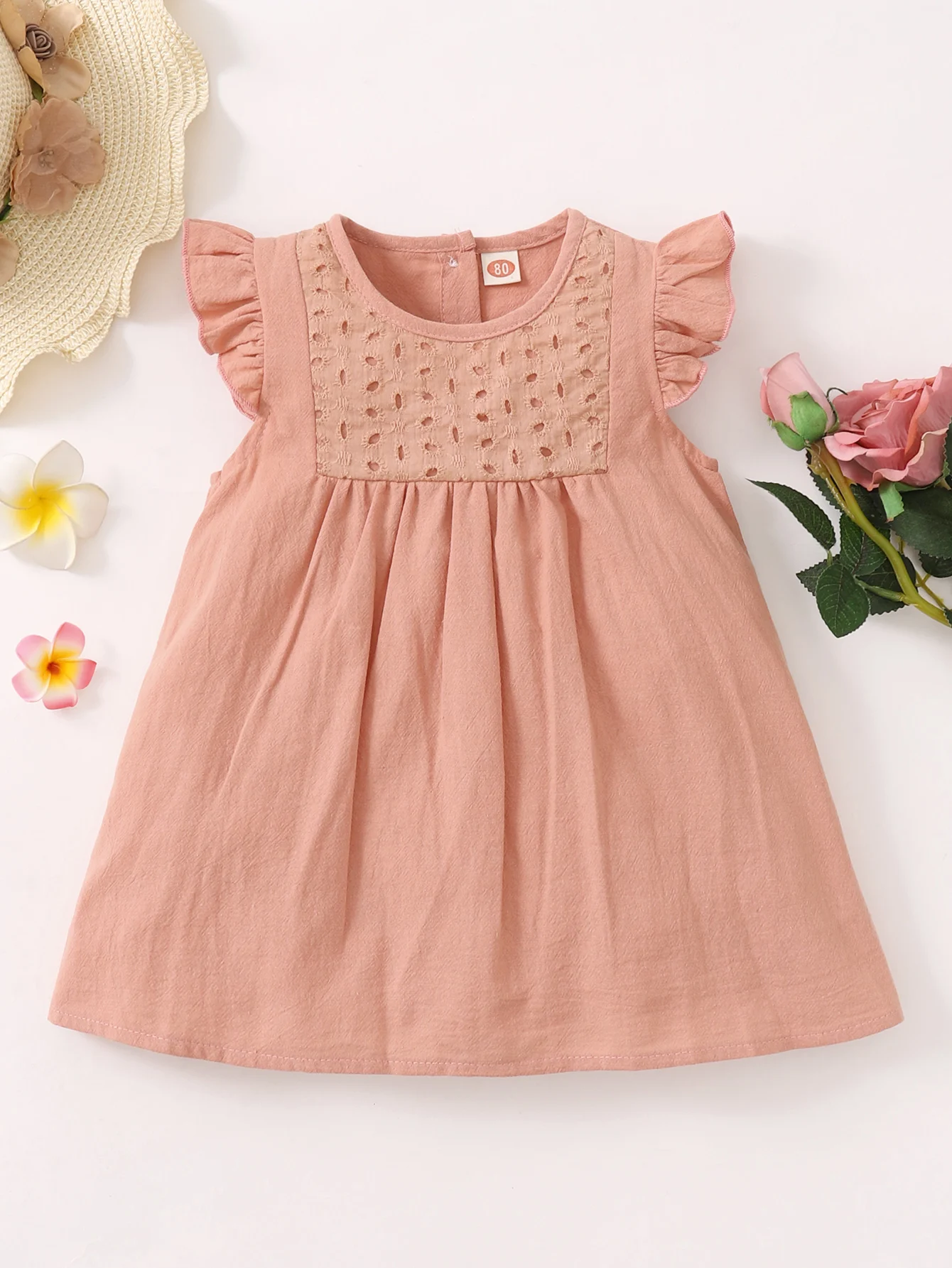 Summer Baby Girls Flying Sleeve Short Sleeve Solid Color Simple Dress Cute Wind Round Neck Design Feeling Pleated Small Skirt