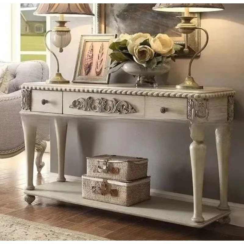 American solid wood entrance table, simple furniture, old carvings on the back of the living room