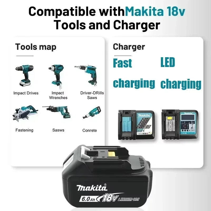 Original Makita 18V 6.0Ah Li-ion Battery BL1860 BL1830 BL1850 Replacement for Cordless Drills, Saws, Power Tools Fast Charging