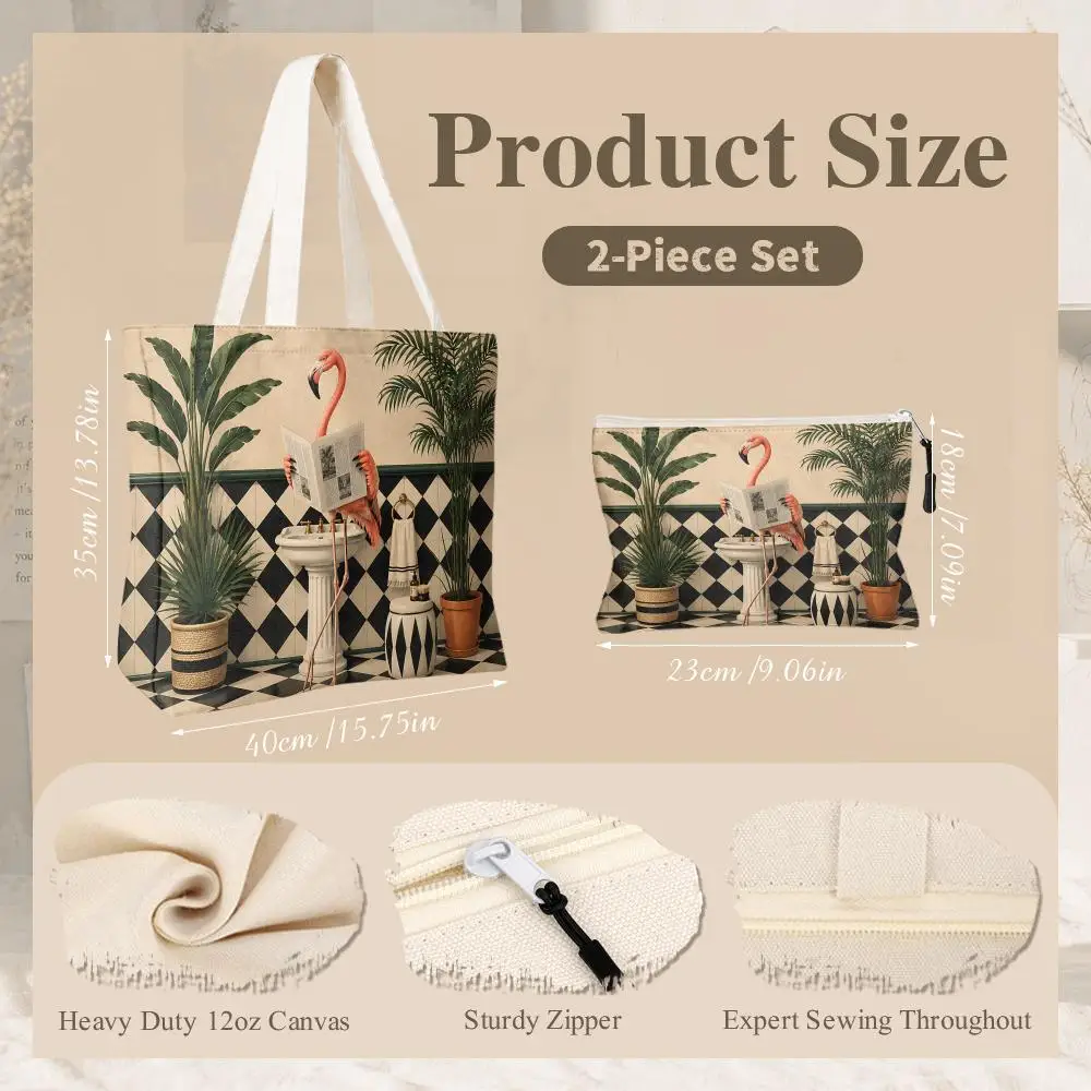 Funny Bathroom Animal Storage Bags 2-Piece Eco-Canvas Tote-Zipper&Double-Sided Print -Beach Picnic&Daily Shopping