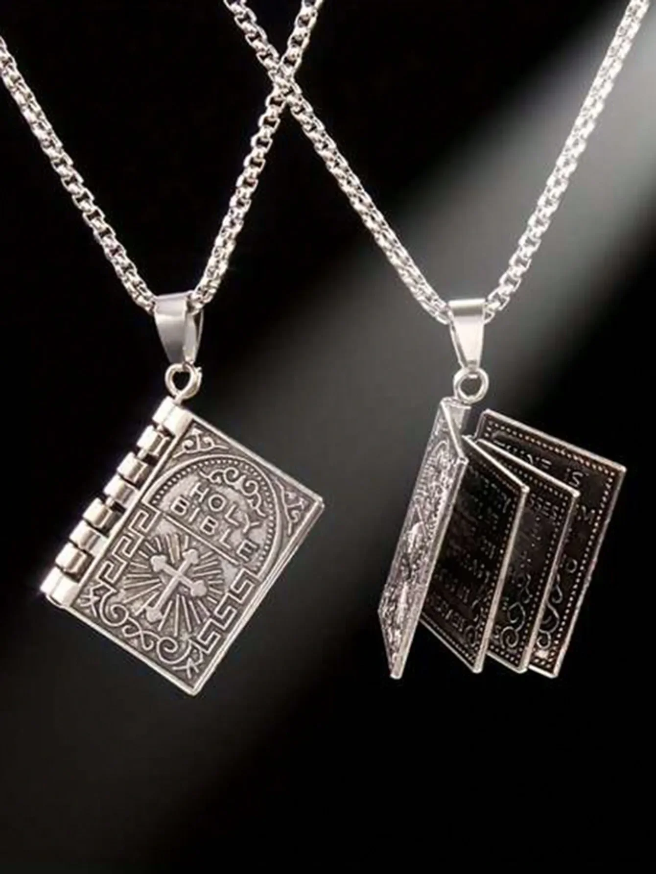 Gothic Reversible Bible Book Shaped Cross Pendant For Women Silver Scripture Pages Turned Necklace