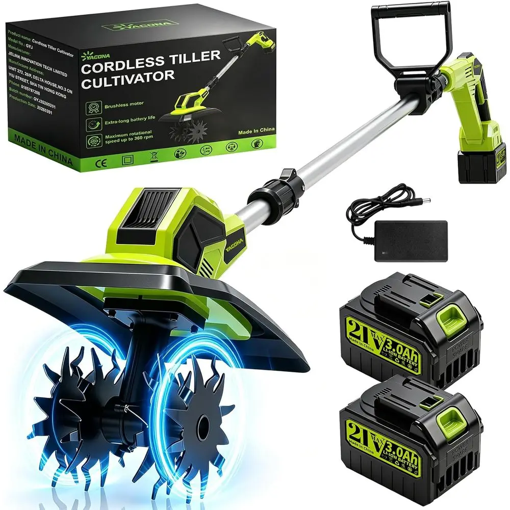 

CordlTiller Cultivator, 400RPM Battery Powered Garden Cultivator, Portable Electric Tiller with 48 Steel Tines, 2 * Batteries, 9
