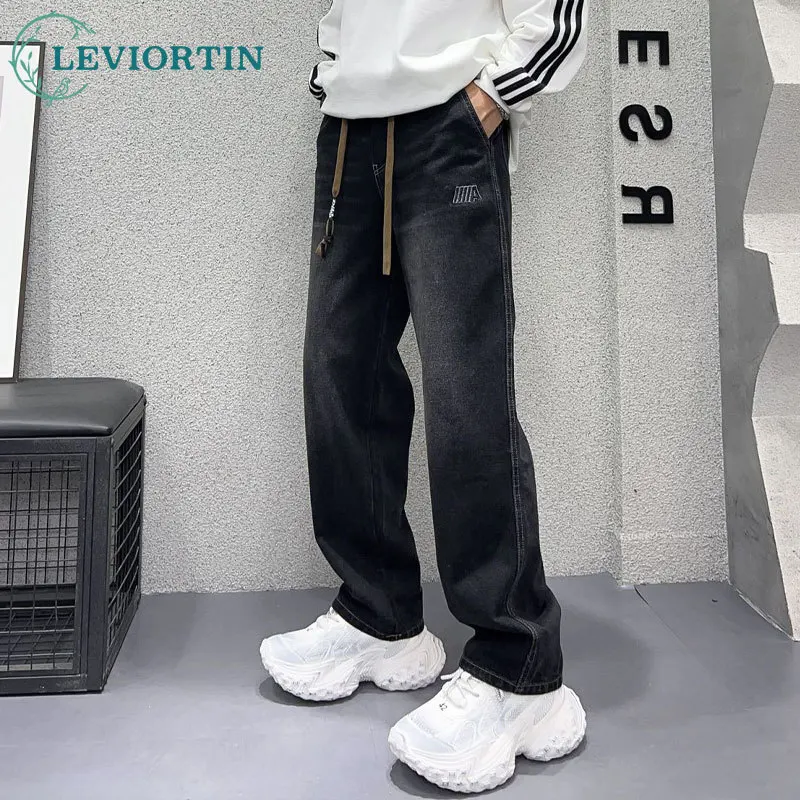 Brand Men's Jeans Pants Korean Style Casual High Street Straight Loose Wide Leg Jeans Streetwear Baggy Drawstring Denim Trousers