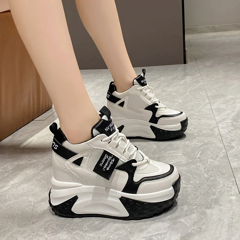9.5CM Women High Platform Sneakers Autumn Breathable Chunky Non-slip Dad Casual Shoes Thick Sole Trainers Leather Sneakers Woman - view 5