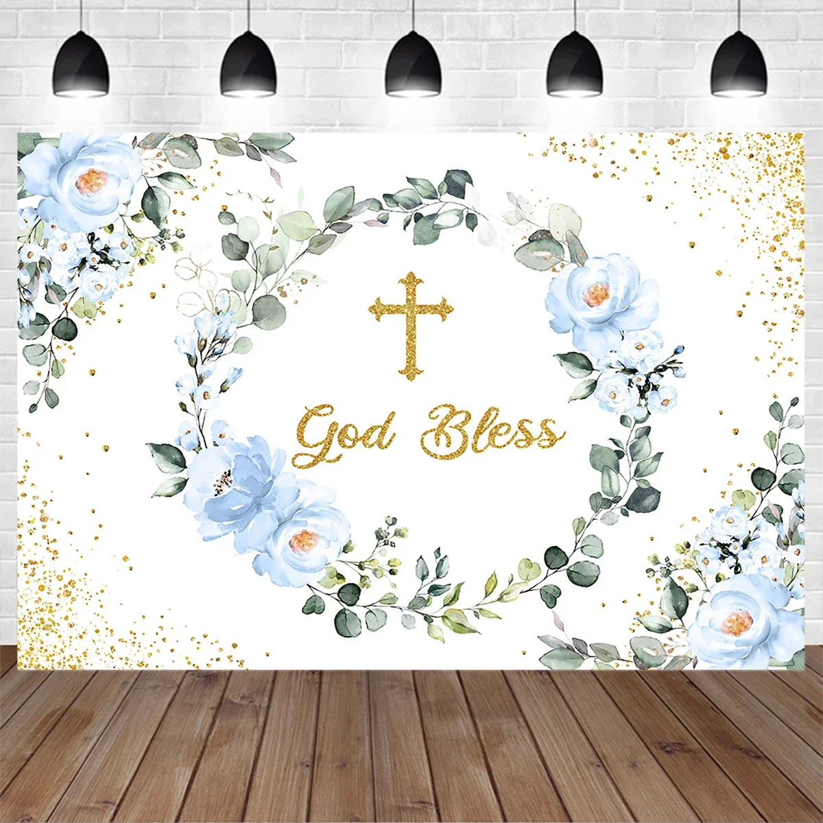 Mocsicka God Bless Photo Background First Communion Bule Floral Green Leaf Gold Glitter Backdrop Newborn Child Baptism Photocall