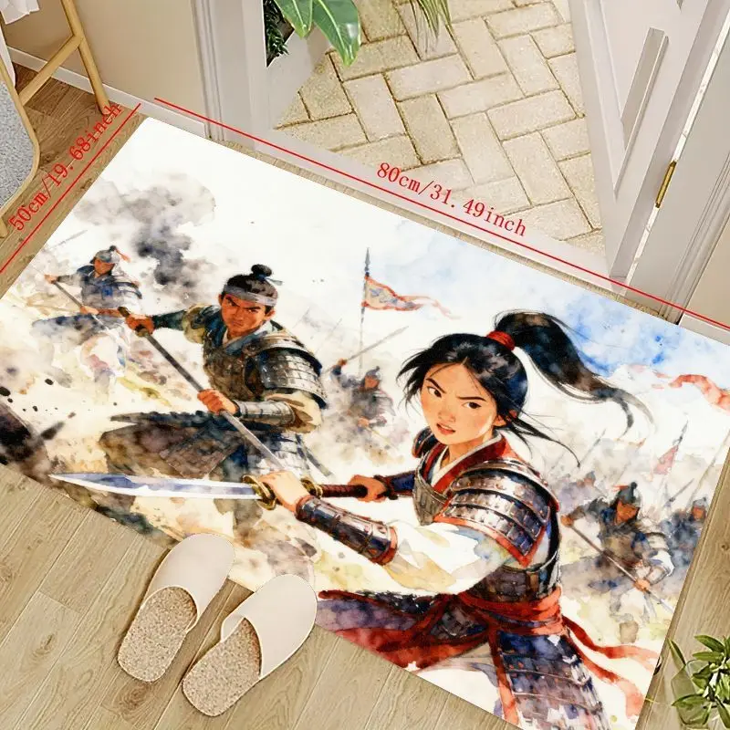 

1 шт. напольный коврик Mulan Anime Warrior Design, коврик для древней китайской боевой сцены, нескользящий моющийся ковер в акварельном стиле f