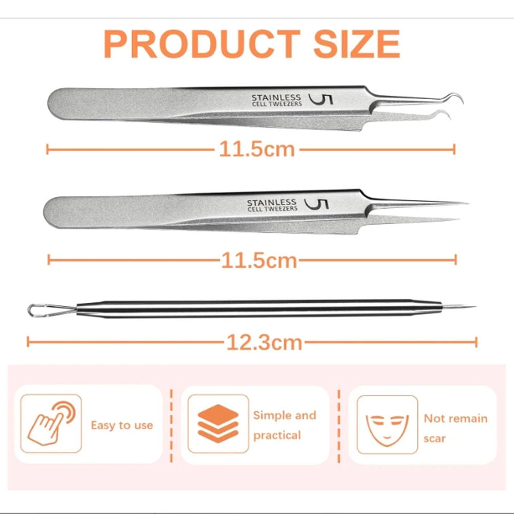 휴대용 3개 세트 스테인리스 블랙헤드 여드름 제거 핀셋 클립 여드름 바늘 딥 클리너 메이크업 도구 피부 관리용