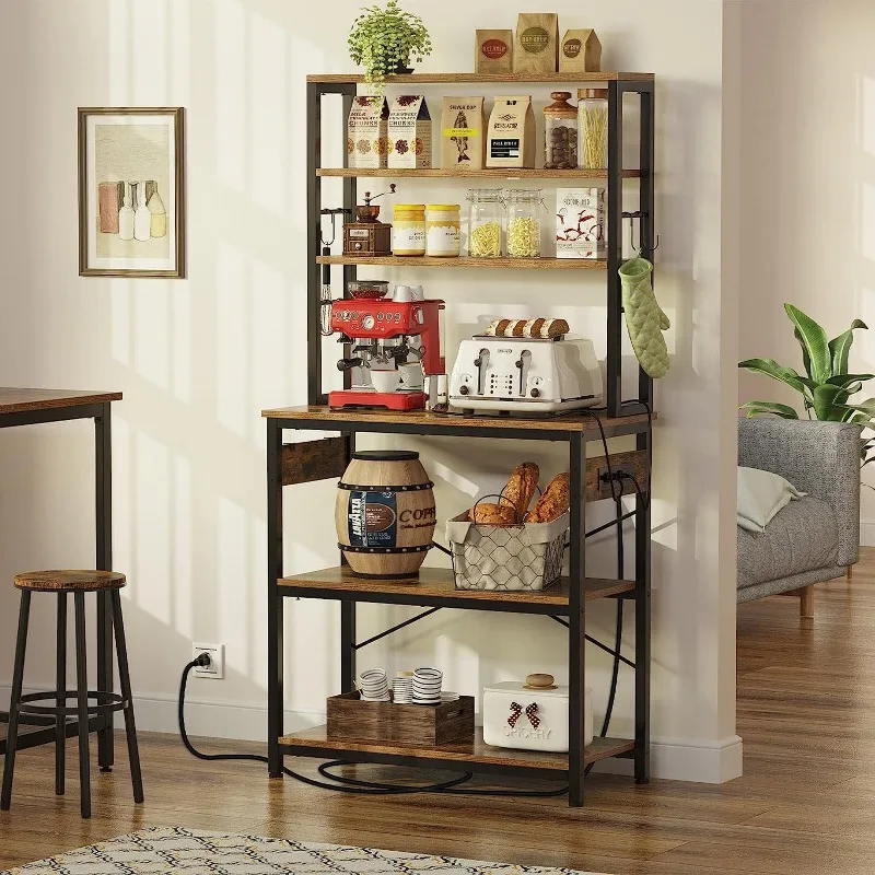 Baker's Rack with 4AC Power Outlet, 65.7in Microwave Stand with 10 Hooks, Stable Coffee Bar Table, 6-Tier Kitchen Storage Shelf