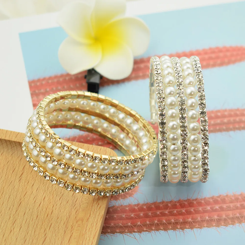 Fashion Multilayer Rhinestone Pearl Cuff Bangle Bracelet Crystal Pearls Opening Charm Bracelets For Women Wedding Bridal Jewelry