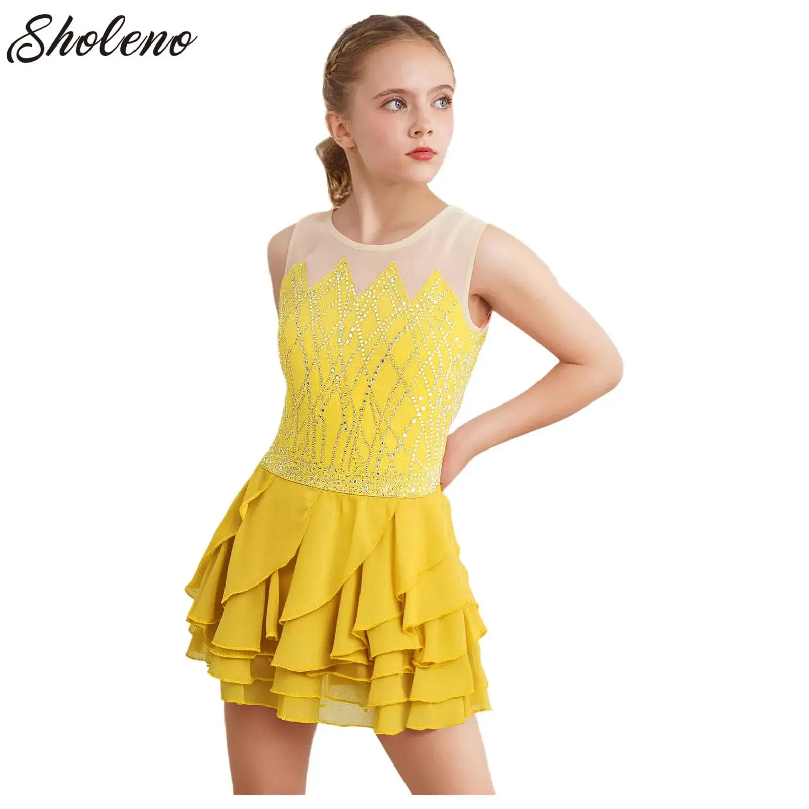 

Kids Girls Ballet Dance Tiered Skirts Dress Rhinestones Gymnastics Leotard Sleeveless Jazz Figure Skating Competition Costume