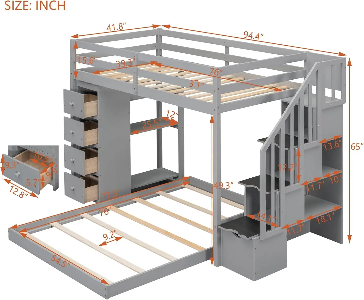 Twin Over Full Bunk Bed Frame with 3-Layer Shelves,4 Drawers and 3 Storage Stairs for Boys and Girls,Grey