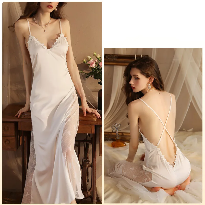 

Night Gown For Women Nightie New Sexy Backless Long Nightdress Thin Silk Lace Summer Nightgowns Ladies Sleepwear Pajama Dress