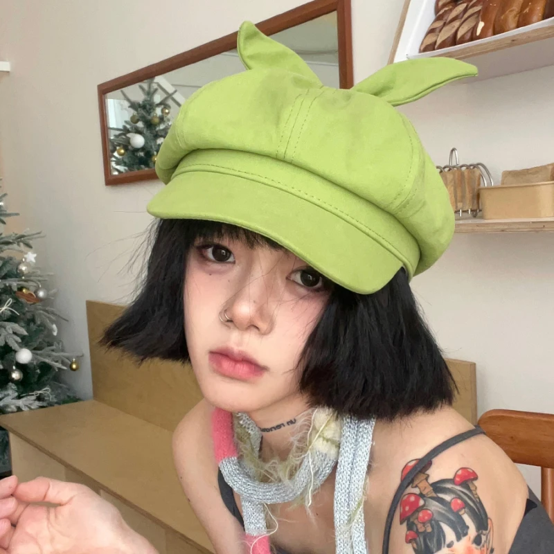 Cute Bow Ears Berets for Women Spring Summer Travel Sunscreen Korean Version Y2k Sweet Cool Girl Retro Octagonal Painter Hats