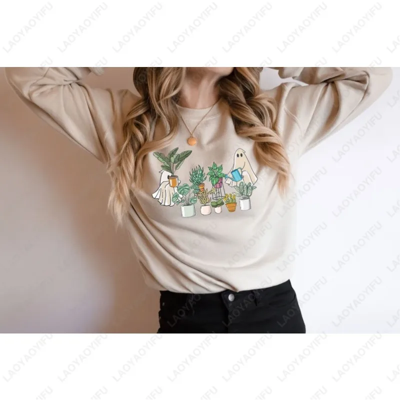 

Толстовка с круглым вырезом «Призрак с растениями», подарок для влюбленных, толстовка в стиле бохо для садоводства, мужские и женские топы с длинными рукавами, забавный пуловер в стиле ретро на Хэллоуин