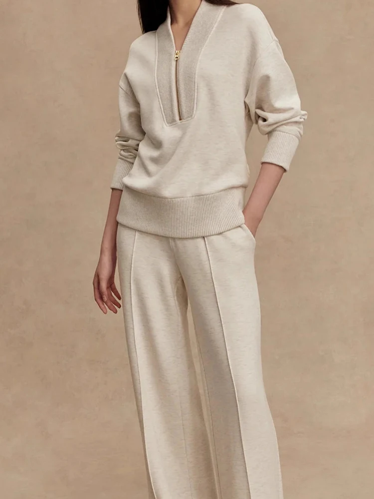 Vintage Casual Solid Color Commute Sport Sets Fashion Lady Long Sleeve Pullover&Pants Set Autumn Winter New Women Simple 2 Piece