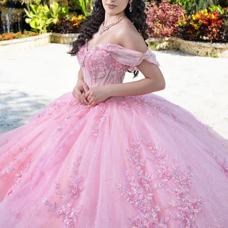 Розовое бальное платье Quinceanera Платья на шнуровке с открытыми плечами Аппликация Кружева из бисера Тюлевой корсет Vestidos 15 De Anos Sweet 16 Платье