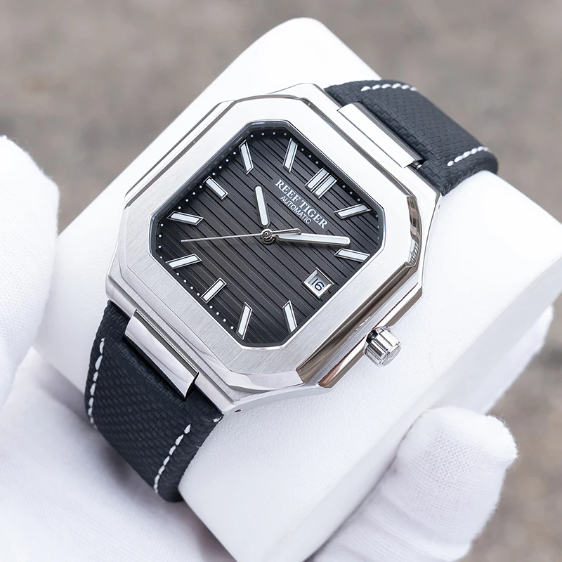 Męski zegarek automatyczny Reef Tiger, 44 mm, kwadratowy, mechaniczny, wodoszczelny do 5 ATM, luminescencyjny, szafirowe szkło, datownik.
