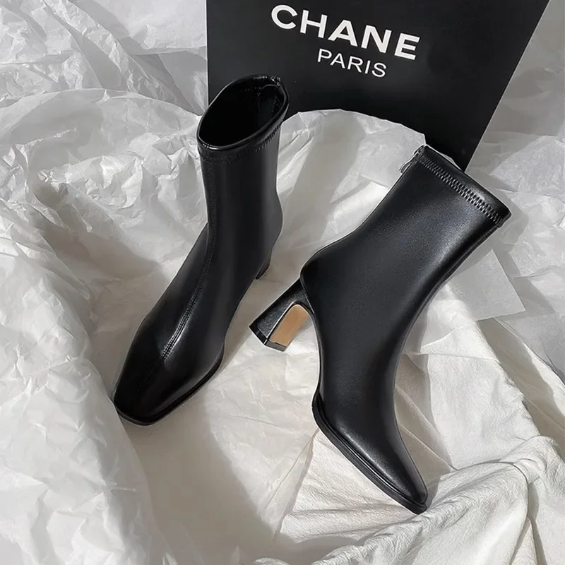 Vintage Ciepłe bawełniane damskie botki Moda Eleganckie buty z kwadratowymi noskami Jesień Zima Gruby obcas Krótkie botki damskie