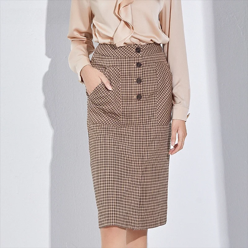 

High Waist Midi Skirt Bodycon Commute Versatile OL Sle Korean Design Cheered Pattern Button Detail H-ape Long Skirt