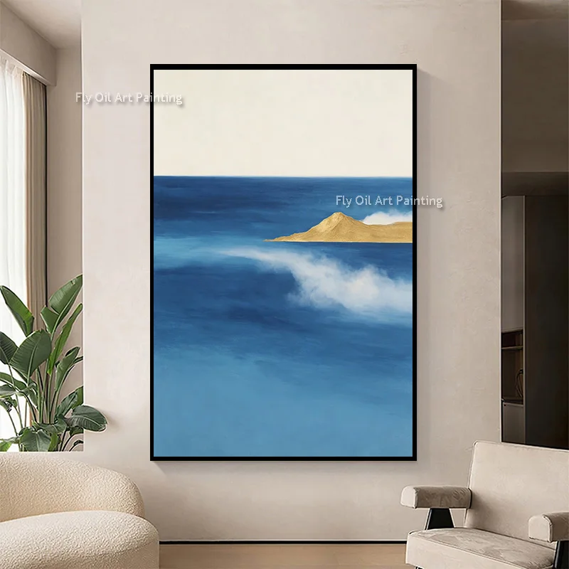 Minimalist Coastal Hand Painted Oil Painting, Blue Sea with Golden Island Abstract Seascape Canvas Wall Art for Room Decor