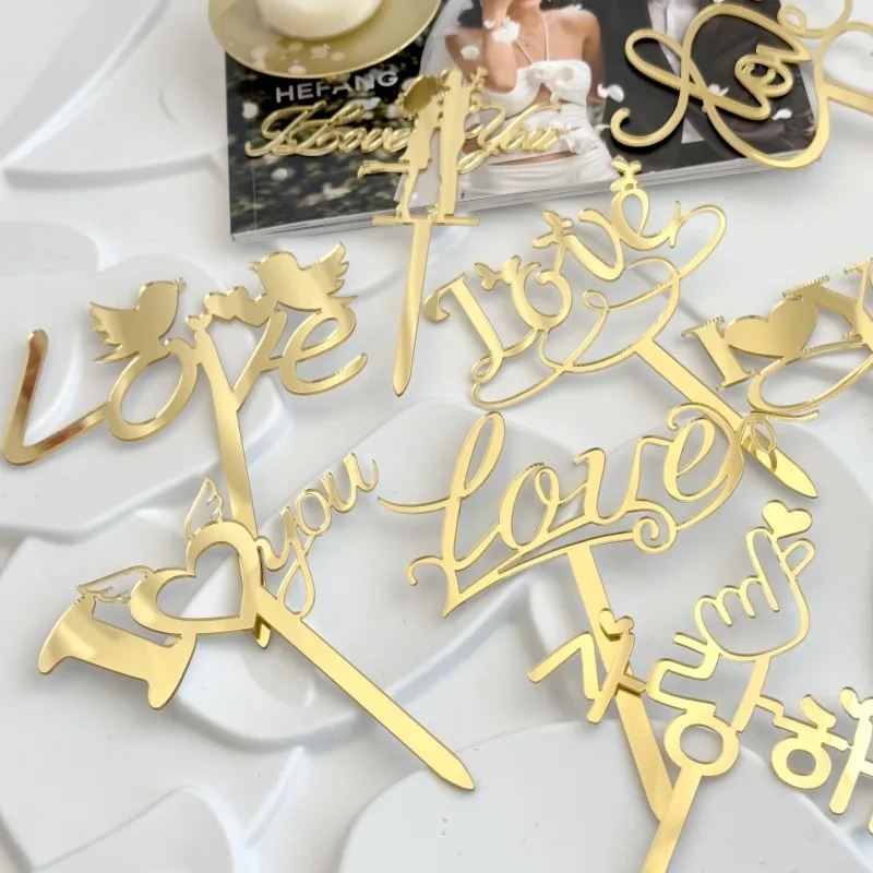 INS Valentine's Day Party Cake Toppers  Placement Golden Wedding Cake Toppers for Valentine's Day Party Cake Decorations 2024