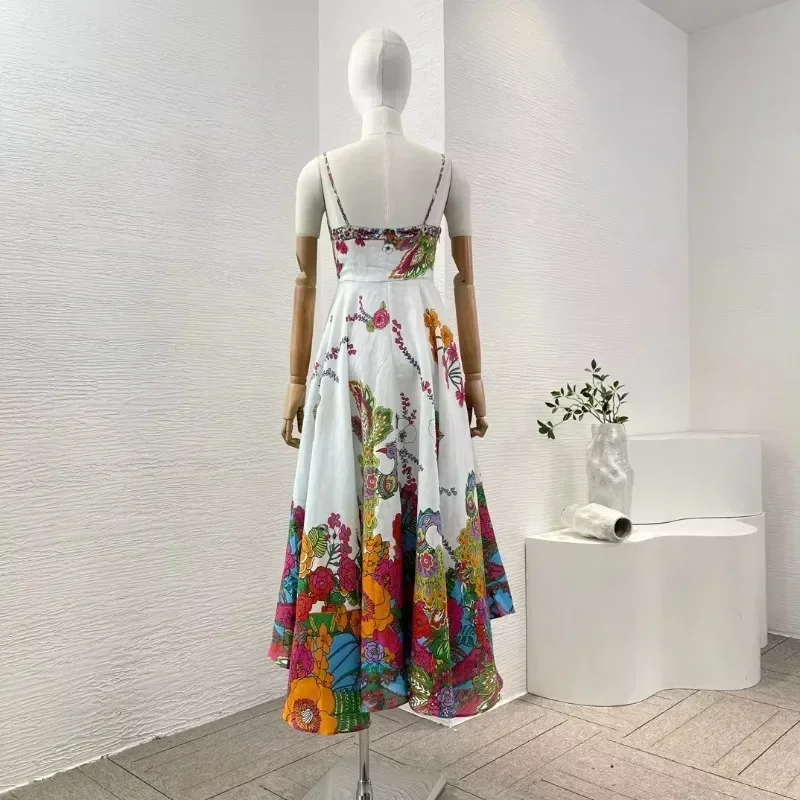 Pure Linen 2024 New White Floral Print Peacock Sleeveless Holiday Diamonds Bow Women Midi Dress