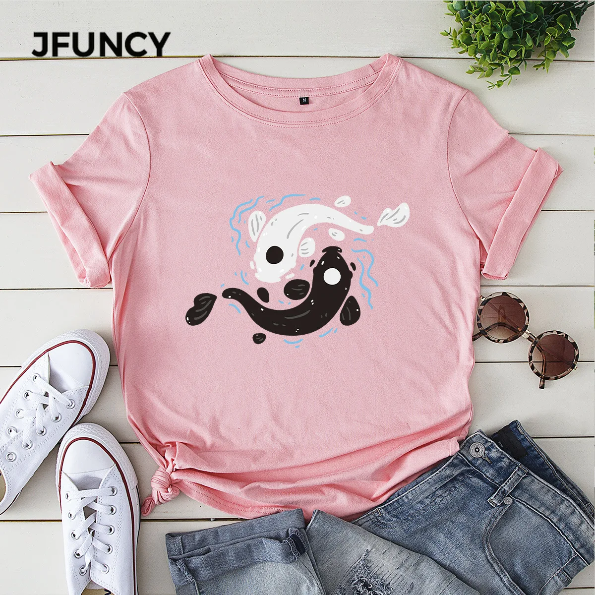 JFUNCY  Women Cotton T Shirt Tai Chi Yin Yang Fish Print Loose Tee Short Sleeve Woman Casual T-shirt Summer Female Tops