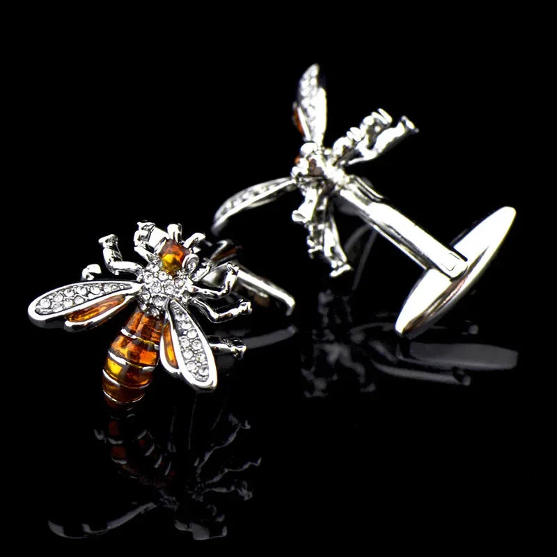 Yellow Bee Crystal Rhinestone Cufflinks  Animal Shaped French Buttons Novelty Luxury Cufflinks for Mens Brand High Quality