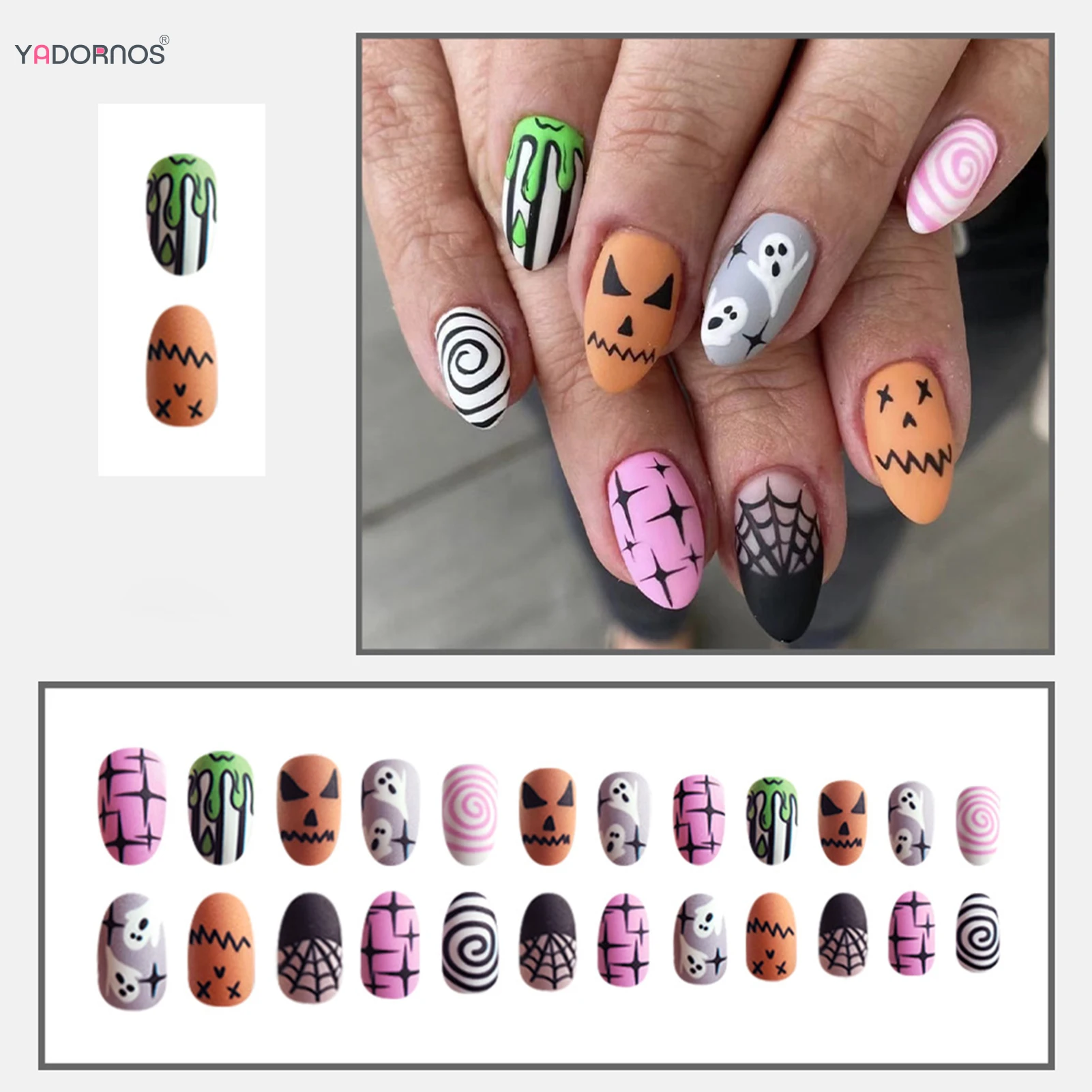 24ชิ้นธีมฮาโลวีนกดบนเล็บผีด้านแมงมุมองค์ประกอบดาวเล็บปลอมสวมใส่ได้เล็บปลอมอัลมอนด์สำหรับสาวร้อน