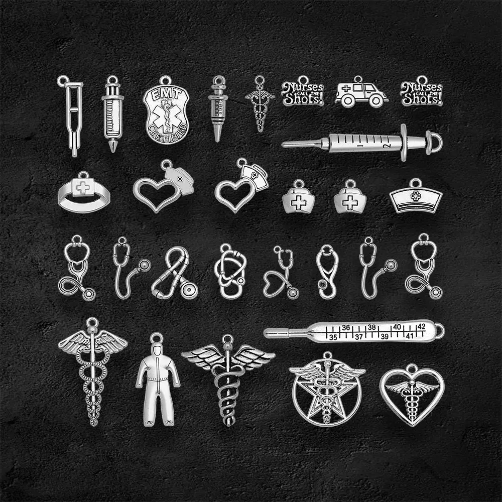 5-50pcs/lots Antique Medical Thermometer Syringe Nurse Cap Charms Stethoscope Pendants Jewelry Making Findings Craft Wholesale