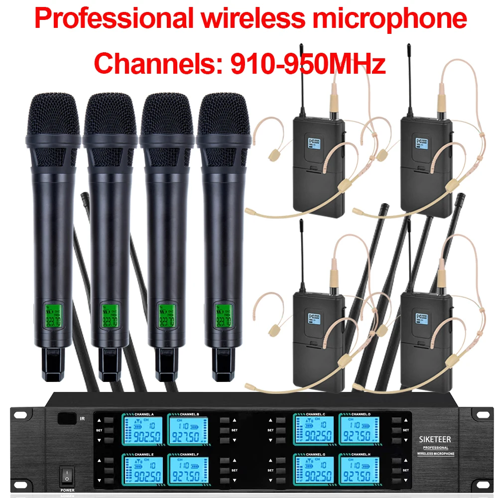 Microphone sans fil, 8 canaux, 910-950 MHz, microphone portable, adapté aux mariages, églises et aux performances sur scène.