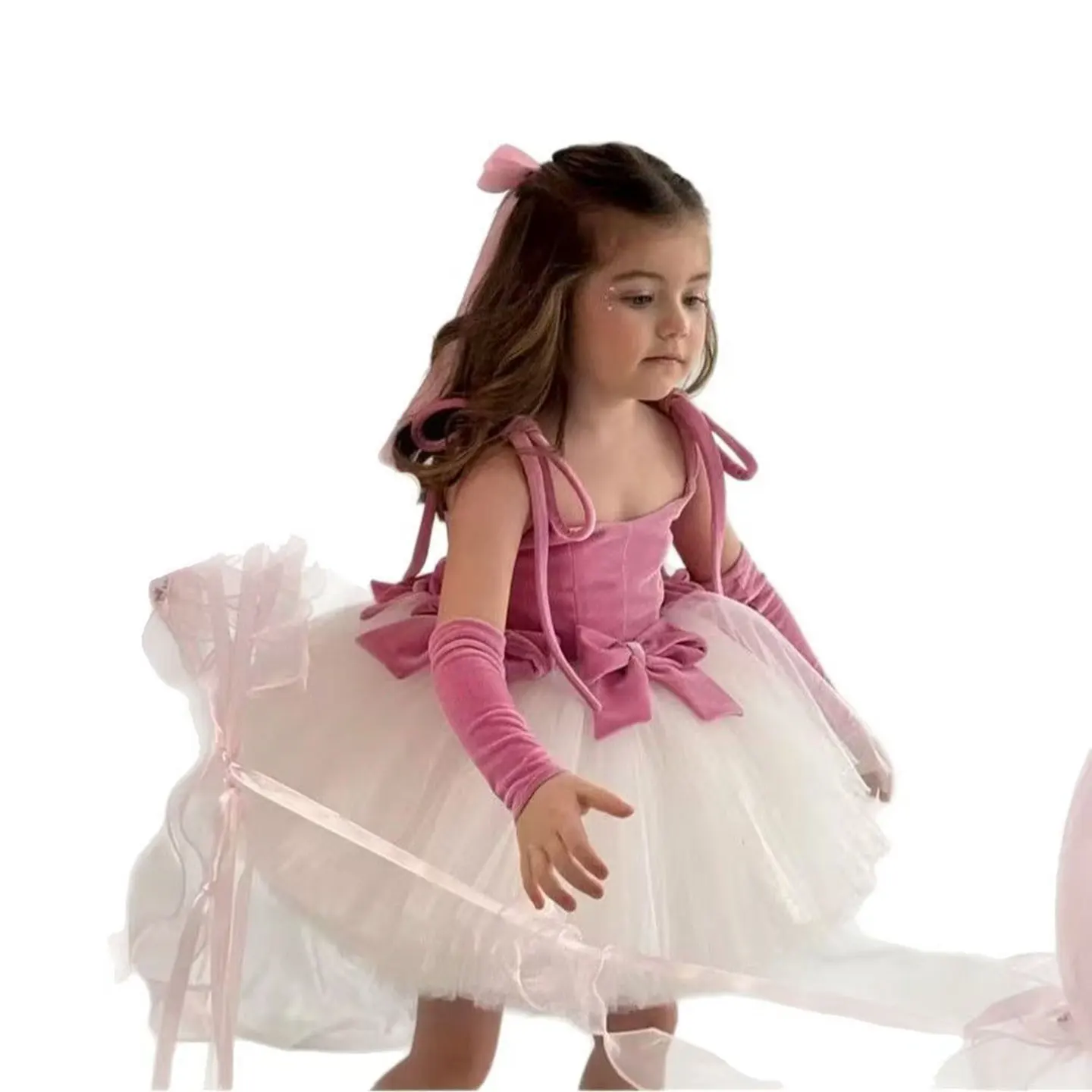 Dreamy Vow elegante rosa collo piatto senza spalline fiocco abito da ragazza di fiore festa per bambini primavera estate mini abito da sposa da ballo D117