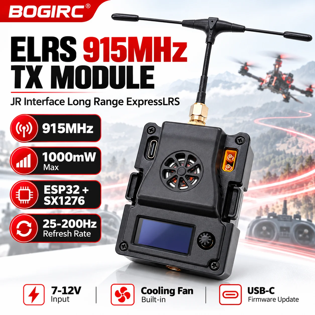 BOGIRC ELRS 915MHz 1000mW ELRS TX Module Transmitter ExpressLRS with Cooling Fan for FPV Long Rang Racing Drone Quadcopter DIY