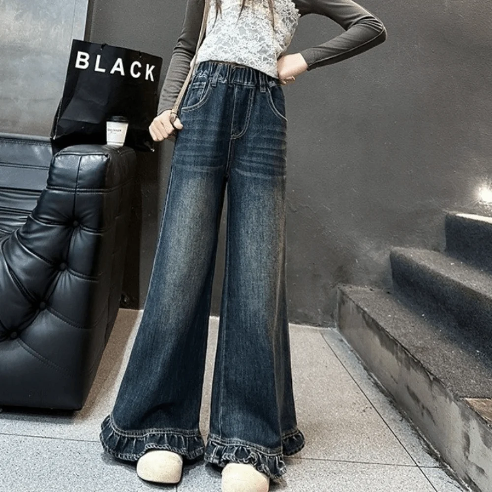 

Wide Leg Pants Teen Girl Jeans Straight Long Loose Children Ruffled Jeans Streetwear High Waist Girls Denim Trousers Girls Gift
