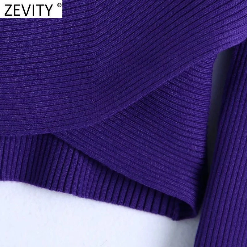 Zevity New Women Sexy Stand Collar Hollow Out Cross Design Short Knitted Sweater Lady Chic Long Sleeve Pullover Crop Tops SW1071