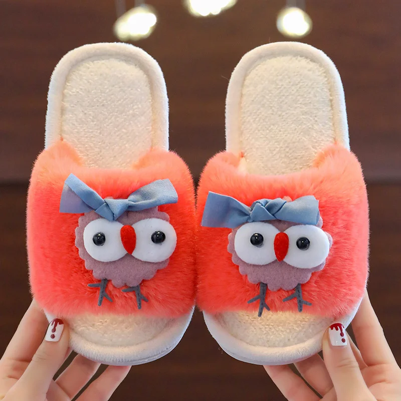 

Soft Plush Child Slippers Open Toe Cartoon Home Outdoor Baby Girl's Shoes Non-Slip Autumn Winter Warm Children's Home Sliders