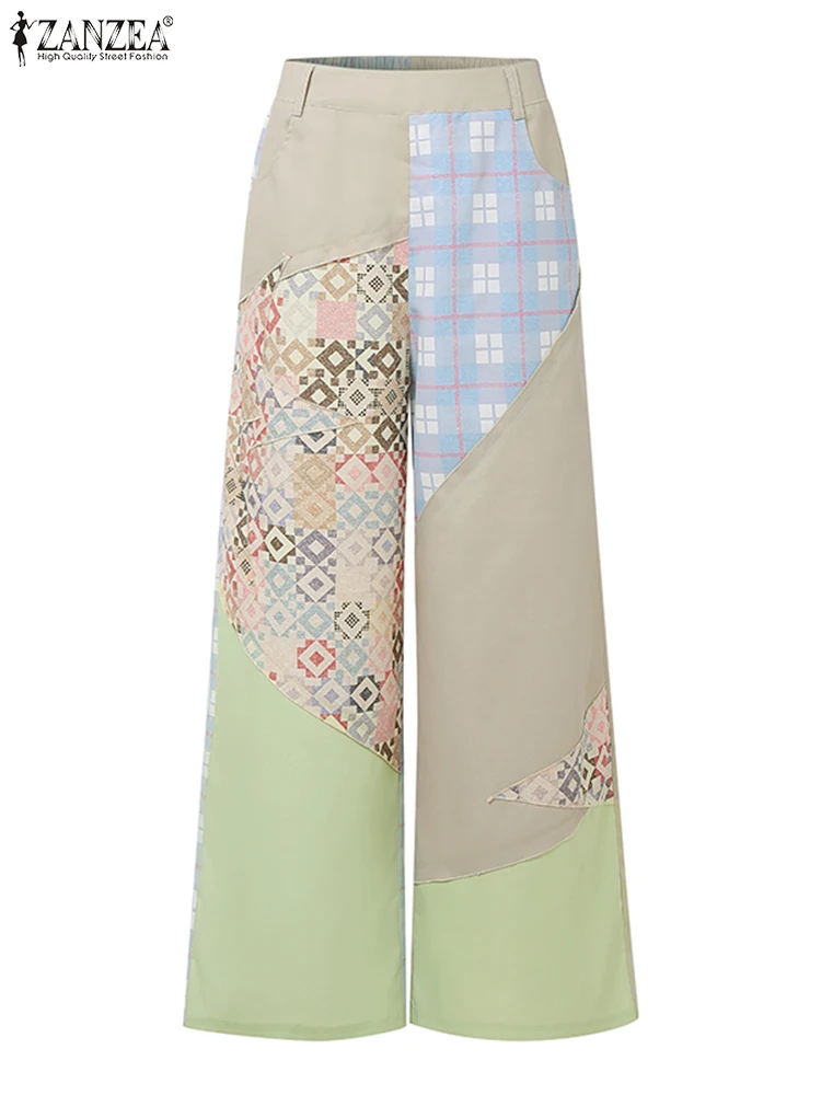 ZANZEA موضة السراويل الطويلة النساء عالية الخصر طباعة عادية بنطال ذو قصة أرجل واسعة 2025 الخريف جيوب عادية مرونة الخصر بنطلونات