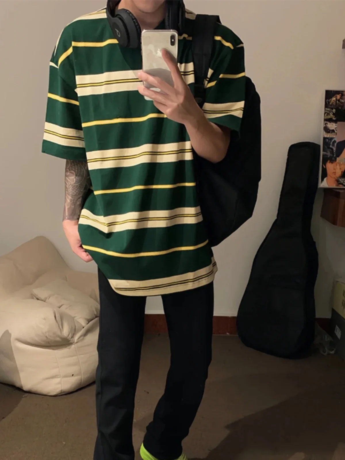 Green Striped Men's Short Sleeve T-Shirt Shoulder Pads American High Street Design Summer 2024 New Style Loose Fit Cotton