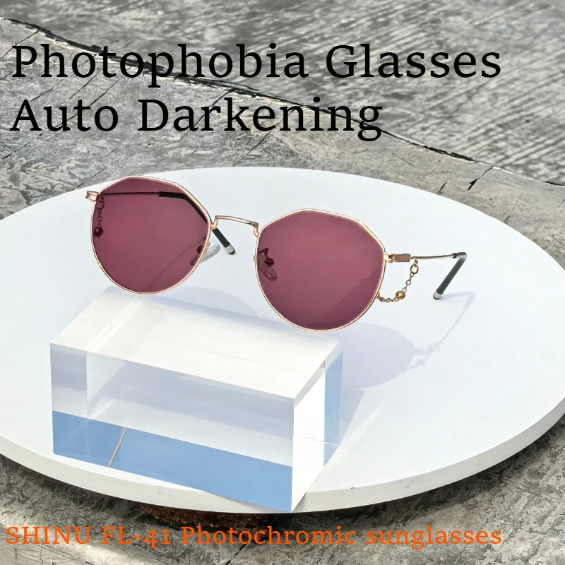 SHINU FL-41 Photochromic Migraine Glasses Rose Tinted Small Frame 133mm Narrow Face Light Sensitivity Indoor Outdoor UV400