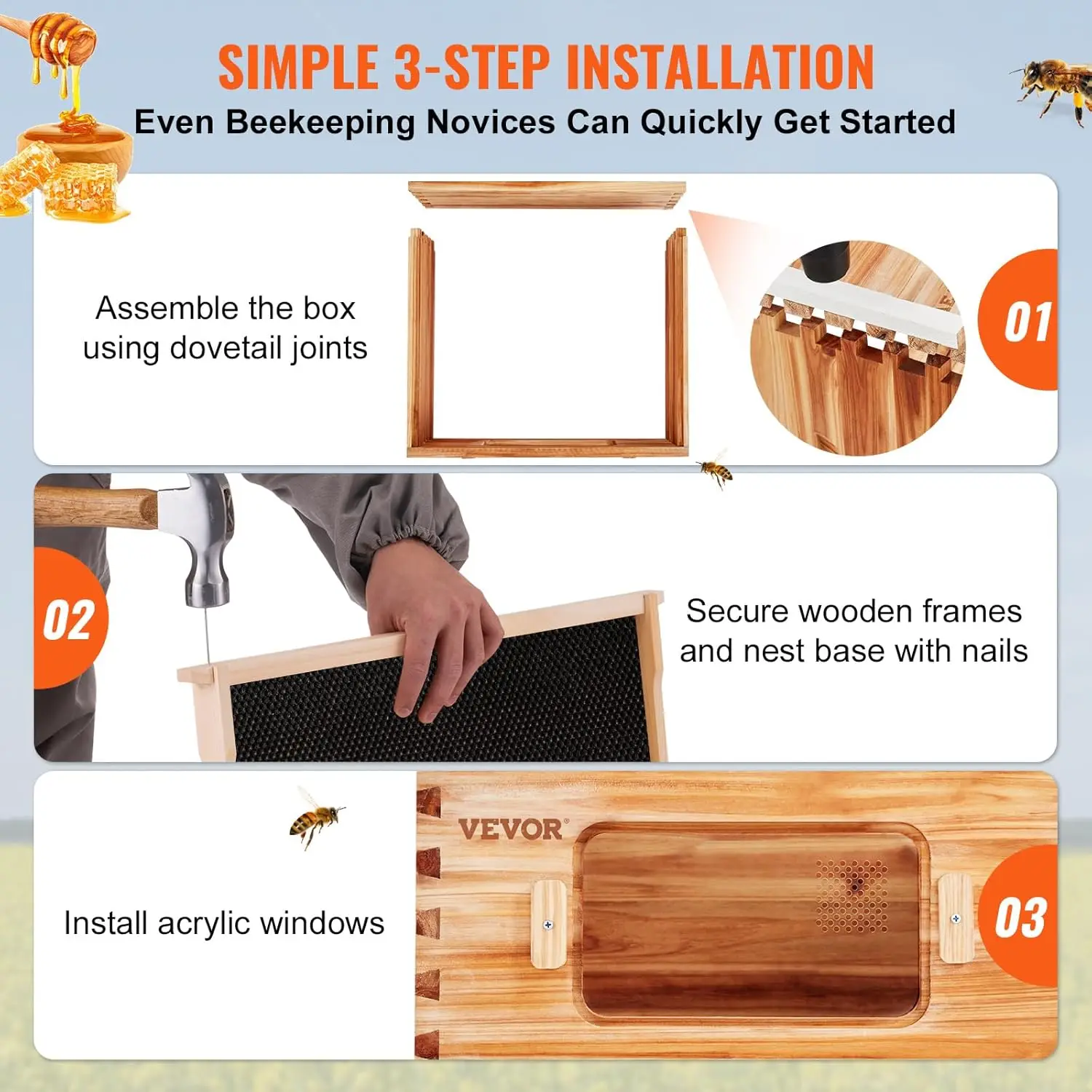 10 Frame Deep Brood Bee Hive Box, Bee Box Dipped in 100% Beeswax, Langstroth Beehive Kit with 10 Frames and Foundations Sheets image 5