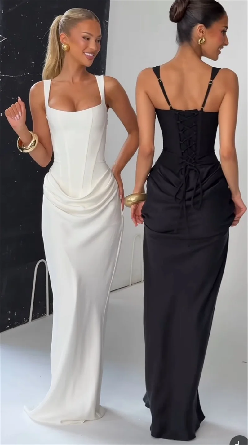 

Women's Bodycon Mermaid Evening Dress, White and Black, Square Neck and Thin Strap, Elegant Clubwear Chic Sleeveless Maxi Dress