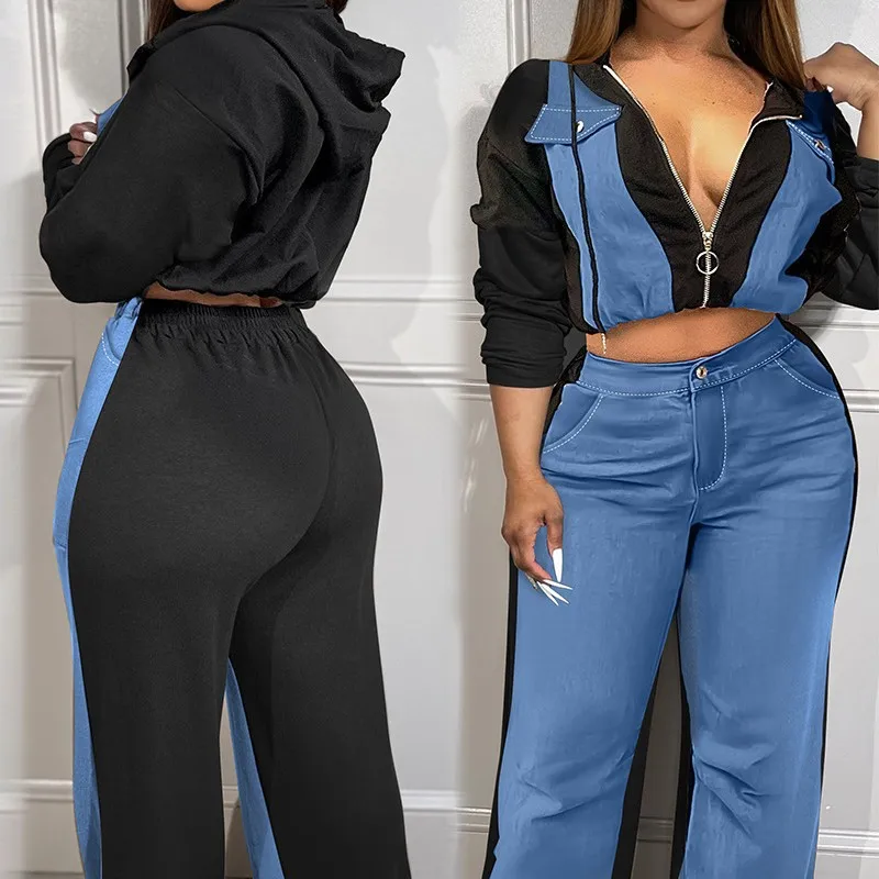 Elegant Two Piece Set Women Outfit 2025 Spring New Colorblock Zip Up Flap Detail Hoodie & Fashion High Waist Casual Pants Set