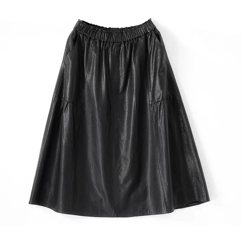 Women Clothing Genuine  leather Fashion Fungus Elastic Waist Umbrella Pleated Skirt Femme Chic Fold Faldas Largas Streetwear
