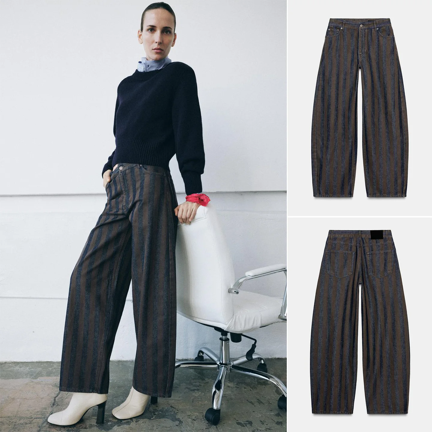 

Spring 2026 New Women's Casual Style Zipper Stripe Long Mid-Waist Barrel-Shaped Jeans Polyester Fiber Natural Waist Button