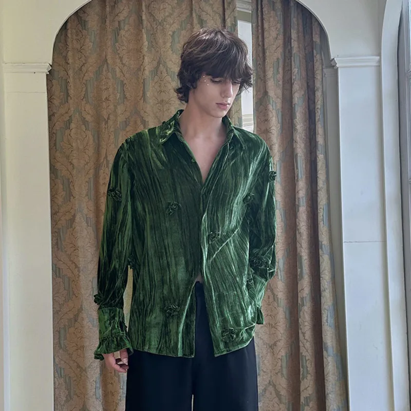 WVGA Autumn New Men Vintage Long Sleeve Shirt Niche Chic Casual Floral Pleated Design Loose Fit Turn-Down Collar Tops Ins W28233