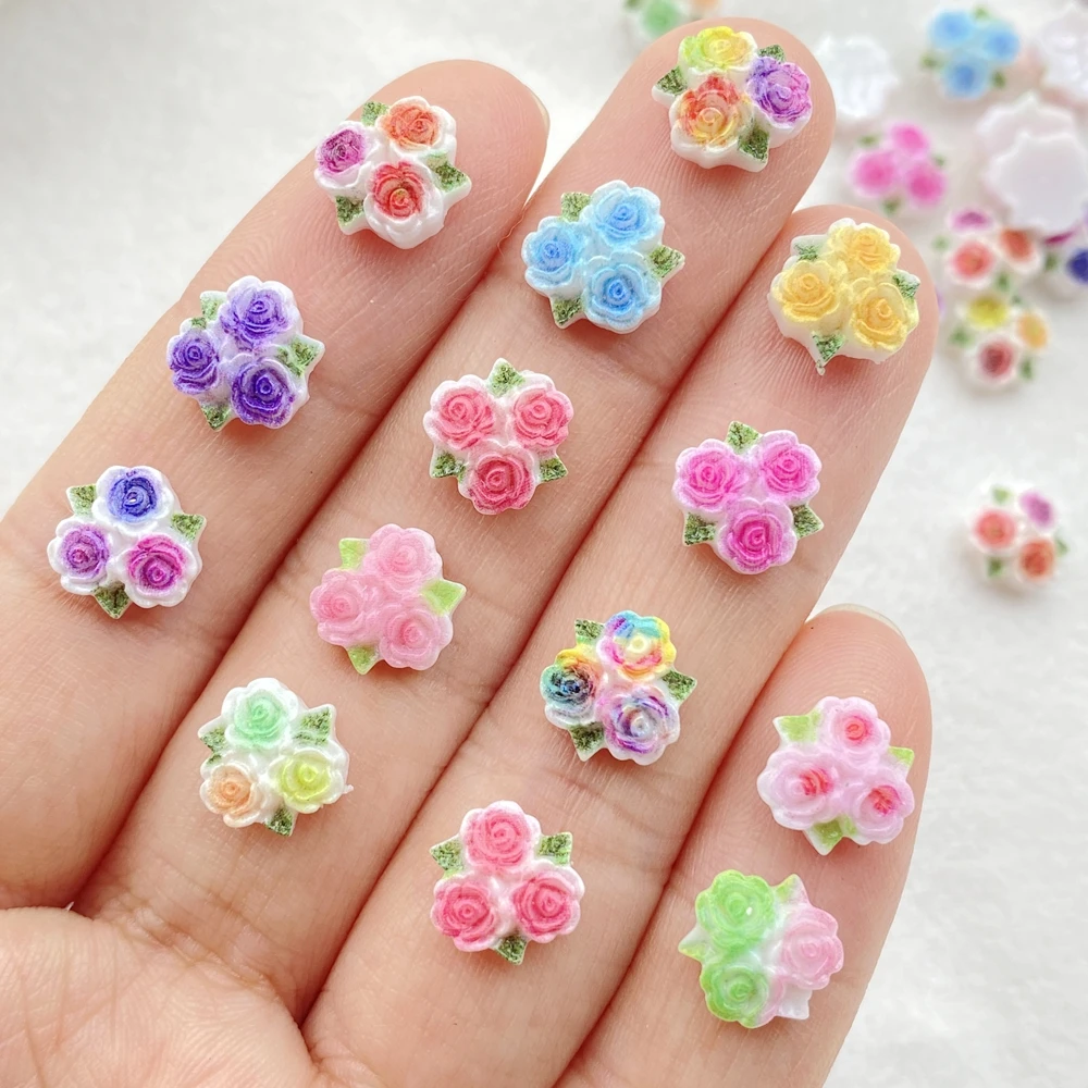 50Pcs New Cute Resin Mini Colorful Tricolor Flowers Flat Back Ornament Jewelry Making Manicure Hairwear Accessories